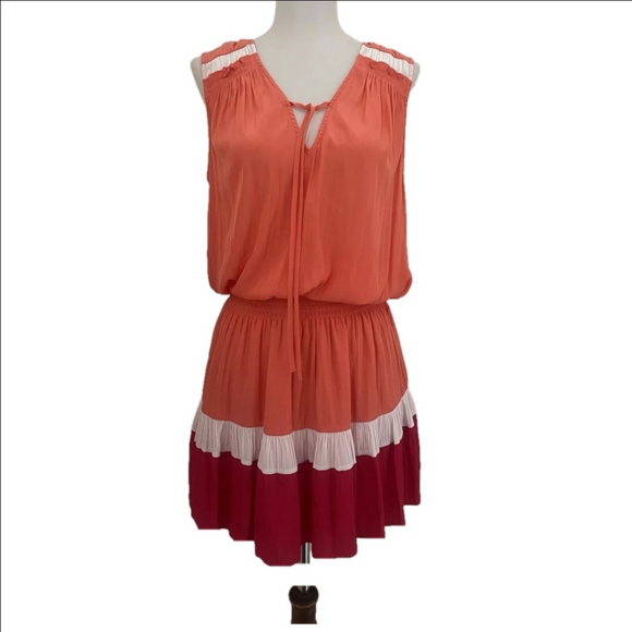 Ramy Brook Smocked Waist Mini Dress Medium Colorblock Orange Pink Summer Resort - Picture 4 of 9